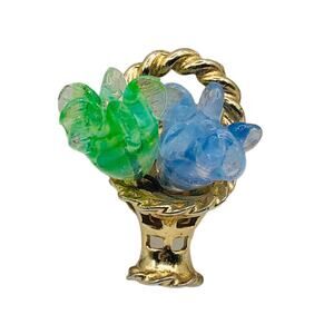 VTG Gold Tone Glass Flower Basket PIN Brooch Spring Easter Garden Mothers Day